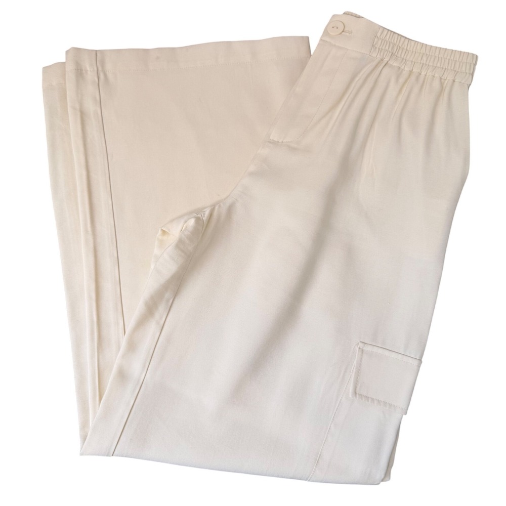 WAYF Layla Cargo Pants (S) Wide Leg Cream High Rise Elastic Waist Rayon Blend